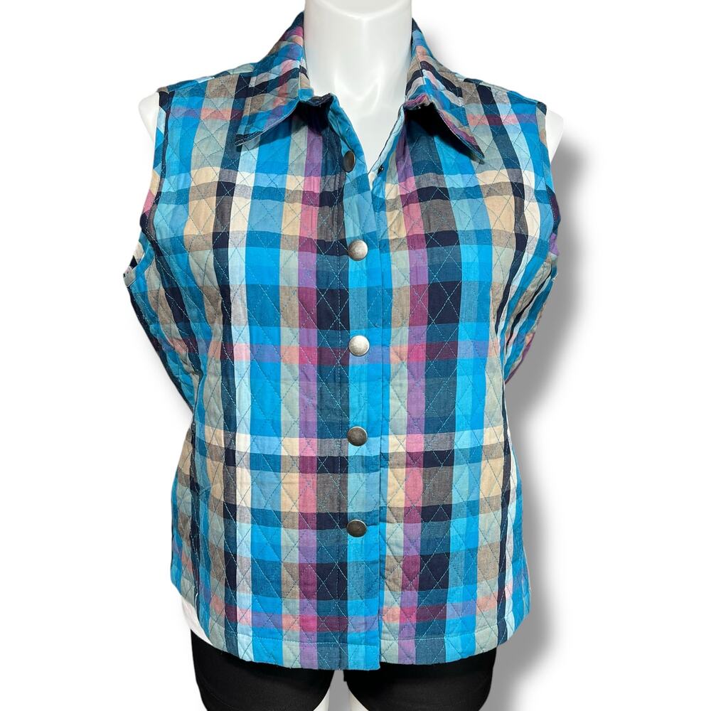 Company Collection Womens Quilted Plaid Vest Sleeveless Blue Pink Tan XL